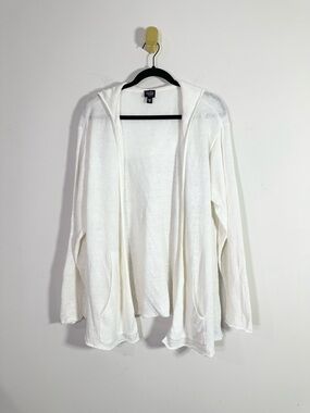 Eileen Fisher White Linen Open Front Hooded Cardigan Sweater